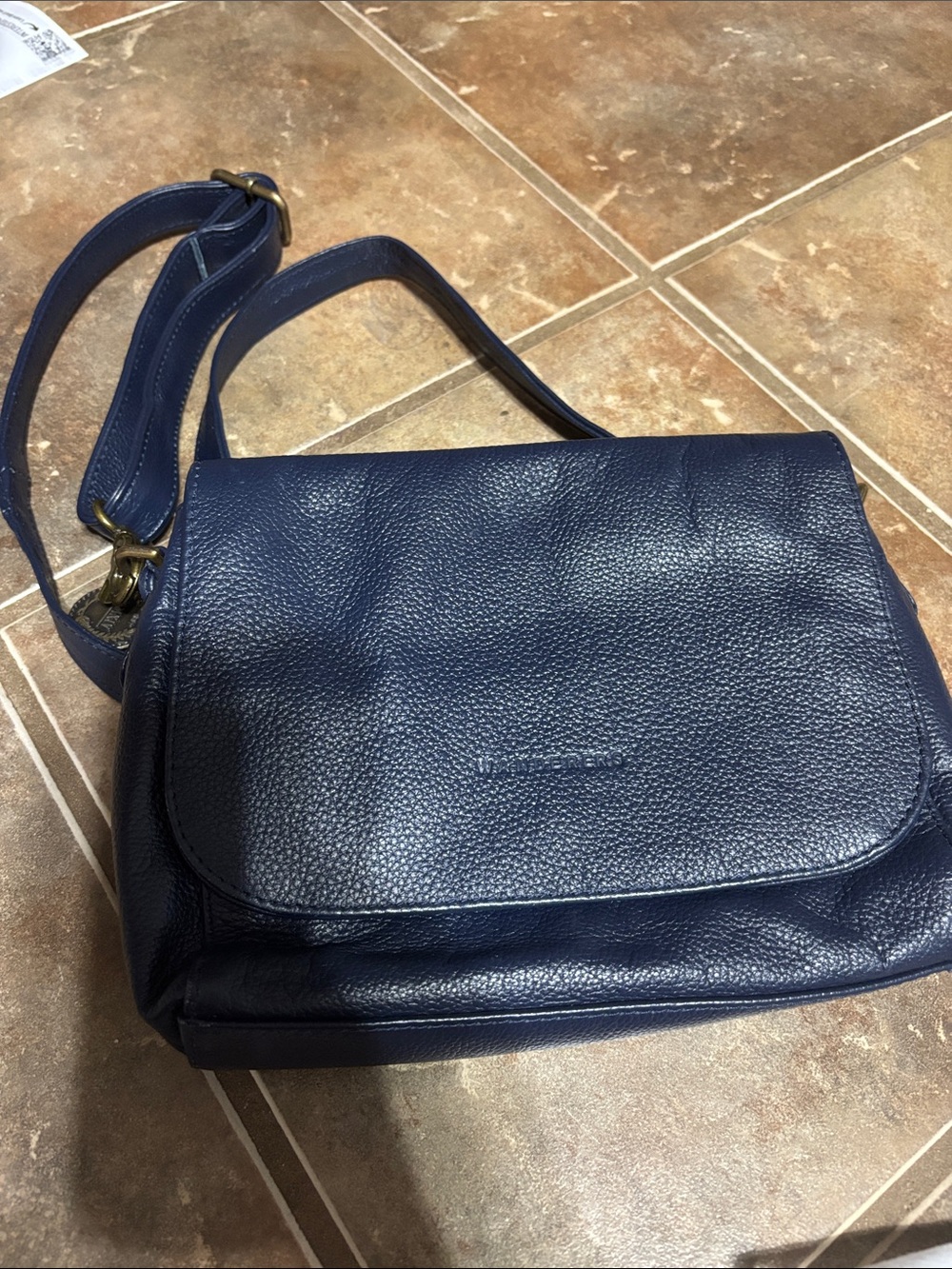 Pebbled Leather Shoulder Bag in Navy by Unknown Brand